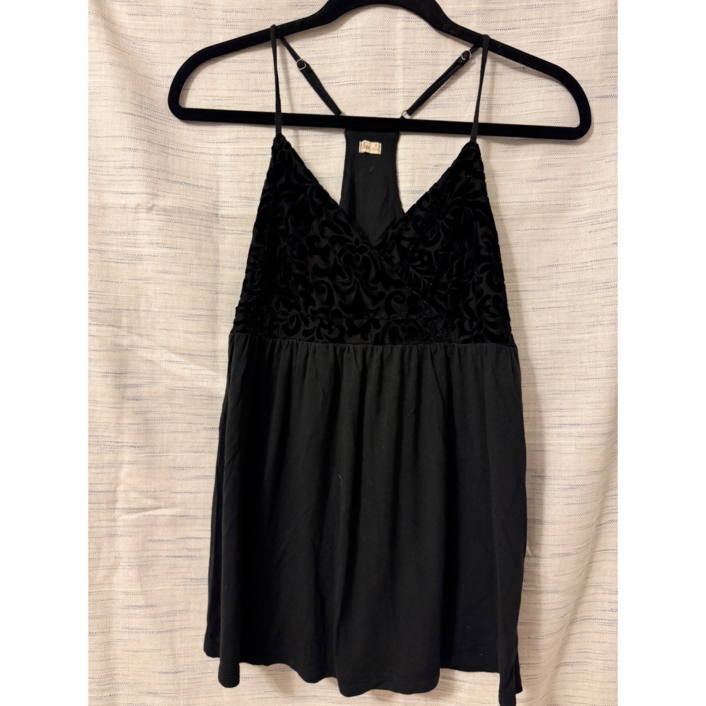Hollister Black Velvet Burnout Damask Cami Tank Top Racerback Surplice Size M